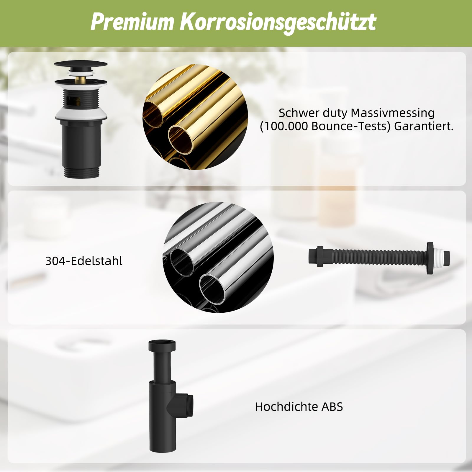 Hibbent Siphon mit Pop Up Ventil Ablaufgarnitur für Waschbecken mit und ohne Überlauf, Höhenverstellbares & Biegsames 304 Edelstahl Abflussrohr - G1 1/4" (ca.40mm) Universalanschluss - Schwarz