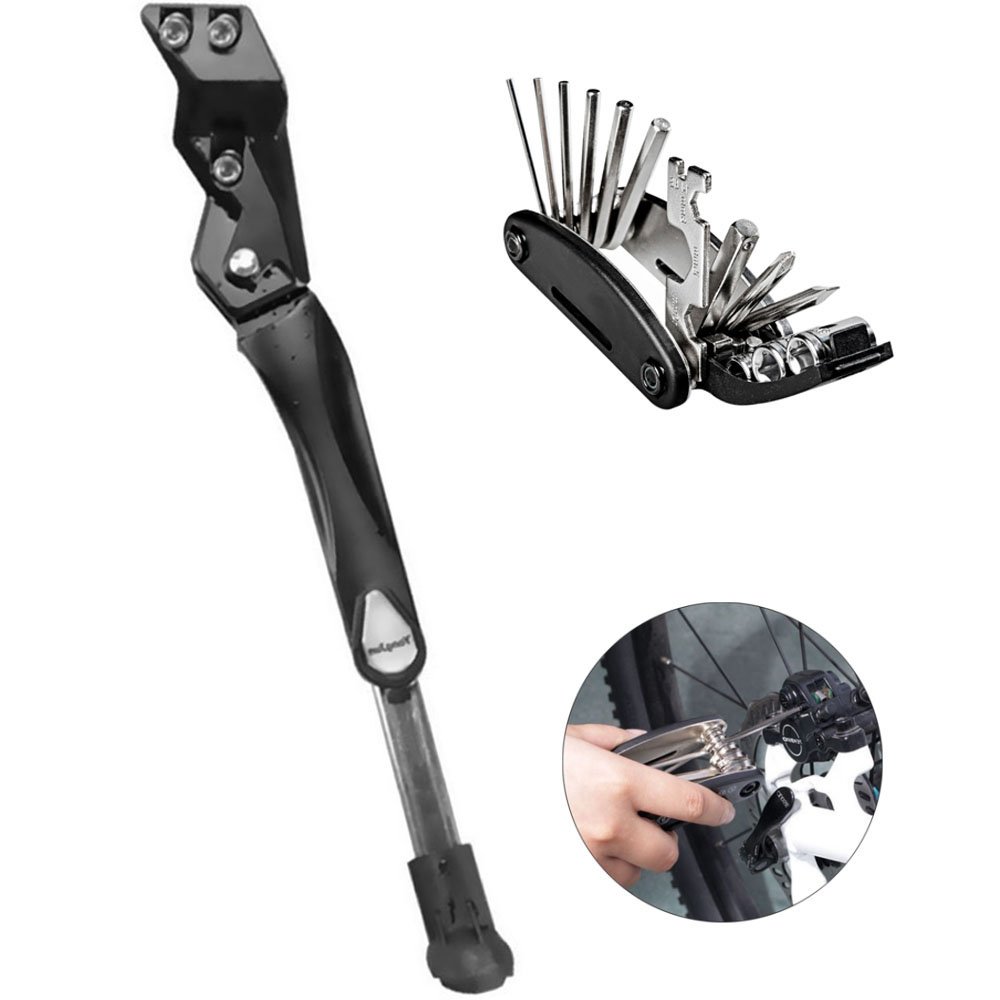 Bike Kickstand,16-in-1 Bike Repair Tool ,Adjustable Aluminium Alloy Bike Kickstand 16''-26'' Bicycle Cycling Rear Mount Side Stand Bike Height Rear Kick Stand Replacement Kick Stand Kit Random Color