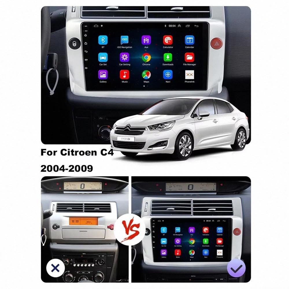 Touchscreen Auto Radio per Citroen C4 C-Triomphe C-Quatre 2004-2009 Wireless Carplay Android Auto Stereo Bluetooth Ips con Pantalla Táctil con Gps Navigatore/Swc/Mirror, 8 Nucleo 8G+256G