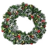 Goplus Pre-Lit Cordless Christmas Wreath, with 50 Warm LED Lights/ Silver Bristles/ Pine Cones/ Berries, Xmas Decor for Indoor and Outdoor