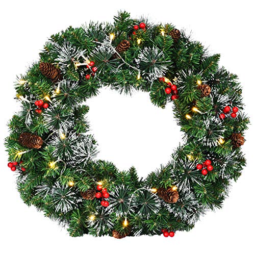 Goplus Pre-Lit Cordless Christmas Wreath, with 50 Warm LED Lights/ Silver Bristles/ Pine Cones/ Berries, Xmas Decor for Indoor and Outdoor