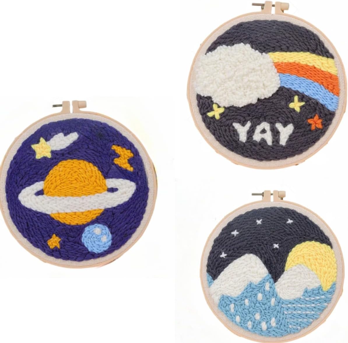 3 Sets Punch Needle Beginners Kits Moon Night Paintings Punch Needle Kits DIY Needlework Cartoon Pattern Poke Rug Hook Set with Frame Hoop and Instructions for Adults (Yellow)