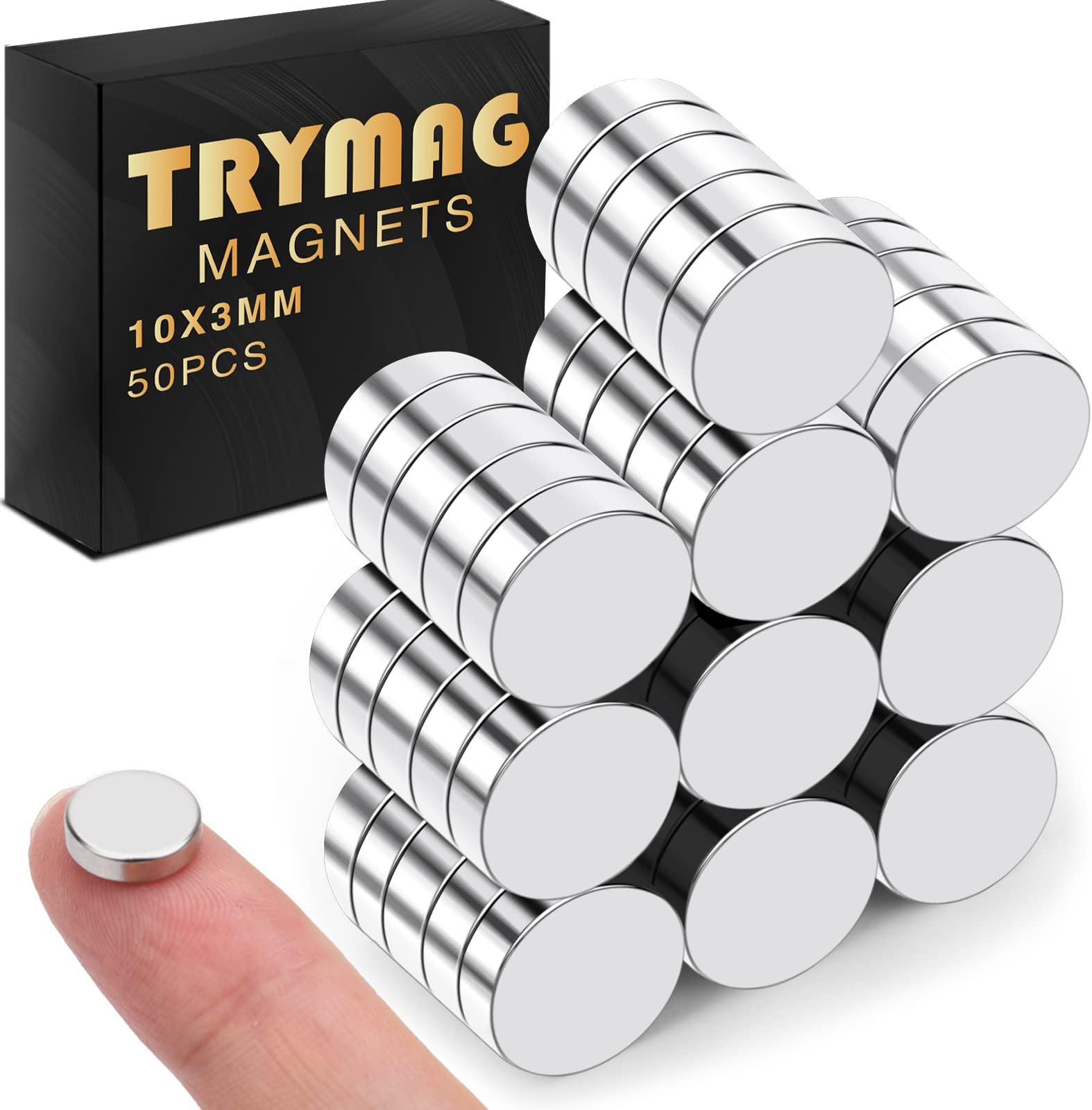 TRYMAG Small 10x3mm Rare Earth Magnets, 50Pcs Strong Neodymium Tiny Round Fridge Magnets for Whiteboard, Refrigerator, DIY, Kitchen, Office