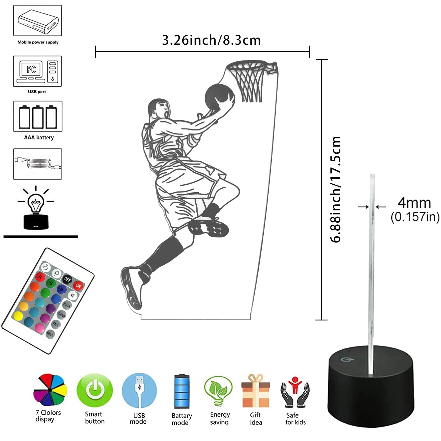 AIRUEEK Luce Notturna da Basket per Bambini, Lampada da Illusione 3D LED, Telecomando 16 Cambia Colore Dimmerabile, Regali Ragazzi Arredamento Camera da Letto, in ABS