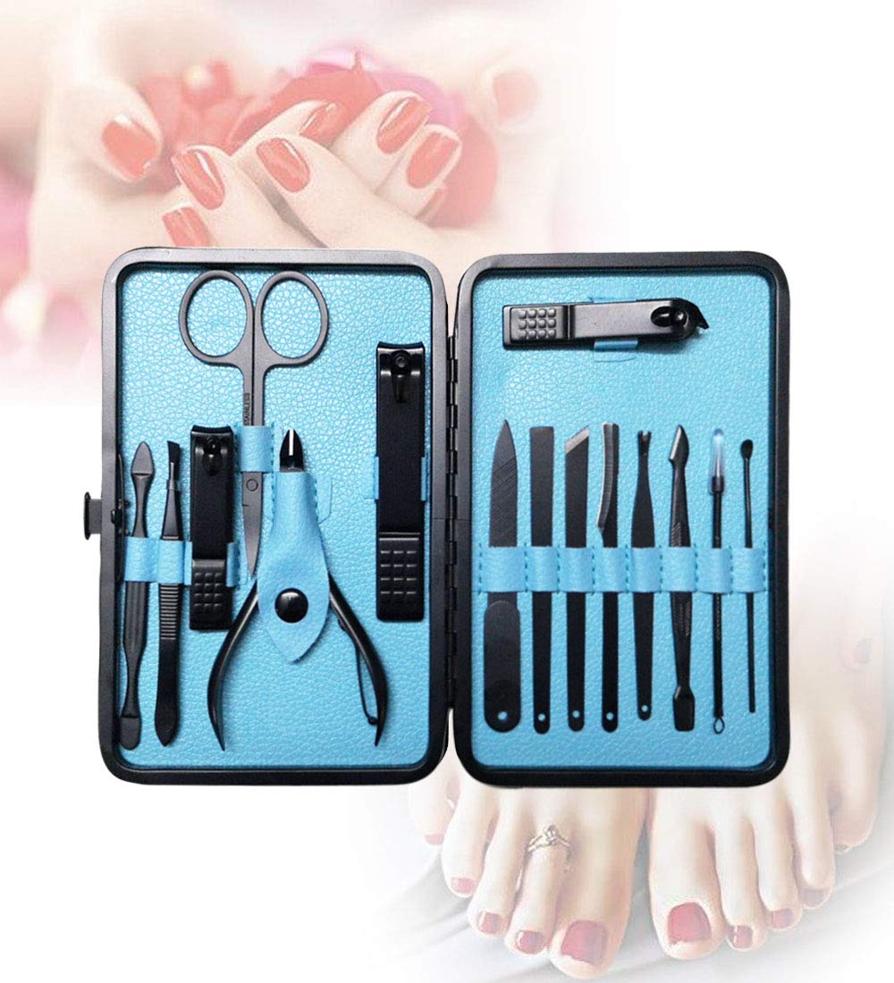 Zestawy obcinaczy do paznokci ze stali nierdzewnej o wysokiej precyzji, zestaw do pedicure, pilnik do paznokci, ostre nożyczki do paznokci i obcinacz do manicure, pedicure, ze stylowym etui (niebieski
