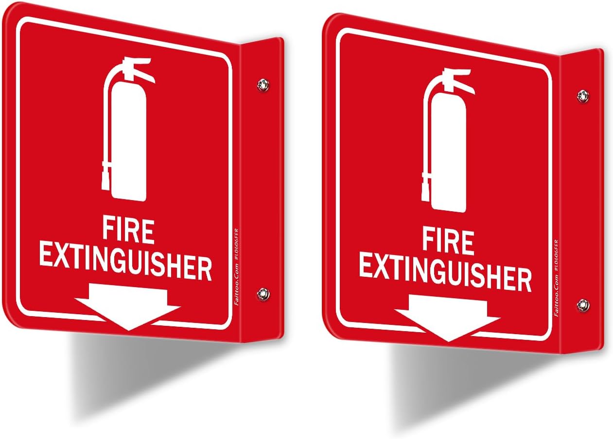 Faittoo Fire Extinguisher Sign, 2 Pack Fire Extinguisher with Down Arrow - 6 x 6 Inches Acrylic Plastic, 2 Pre-Drilled Holes, Includes Matching Screws, Use for Home Office/Business