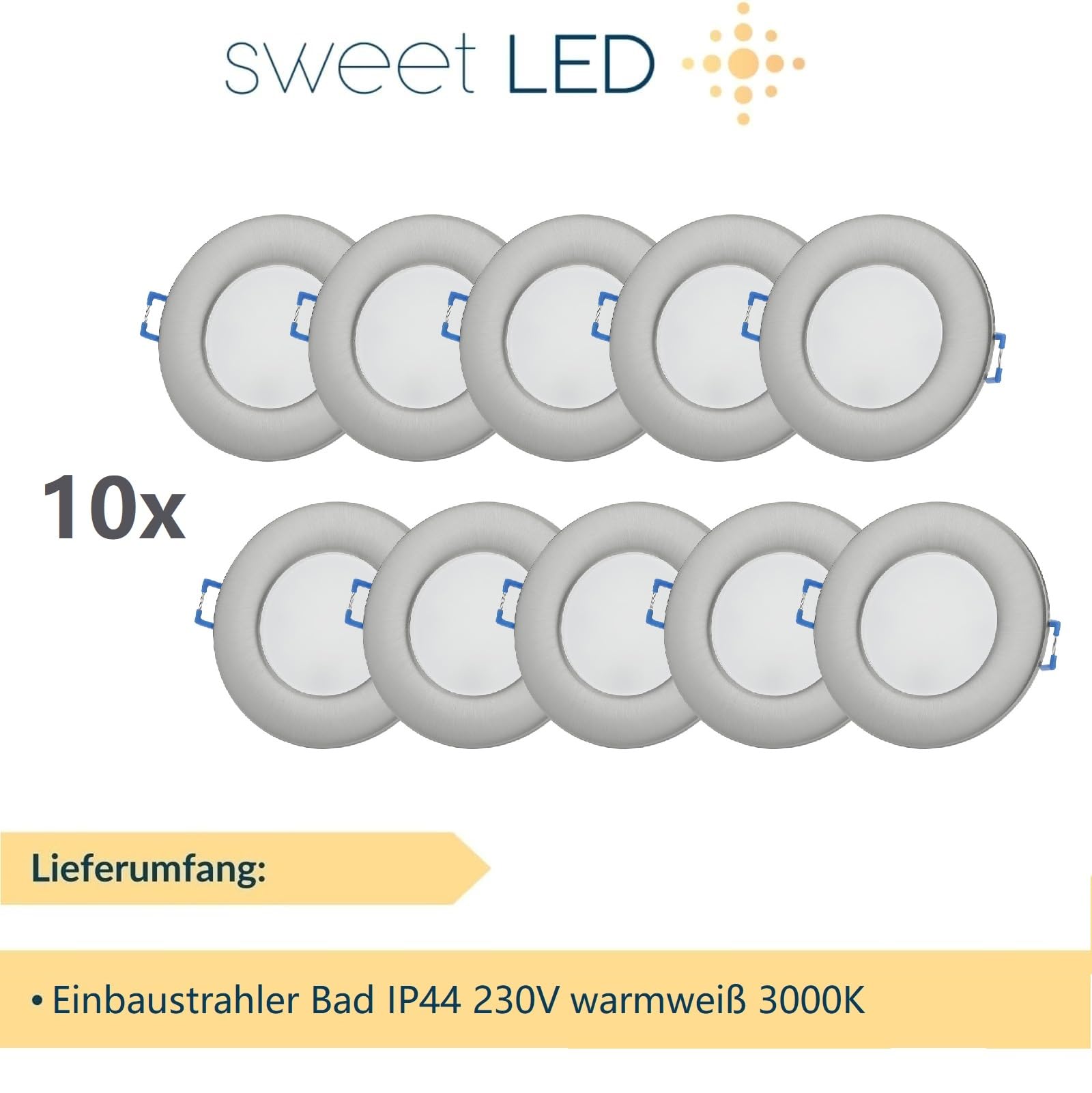 Sweet Led Einbaustrahler 230V IP44 – 10er Set flache Deckenspots 6,5W 530lm warmweiß 3000K Ø68mm Einbau – Chrom gebürstet für Bad, Küche, Feuchträume