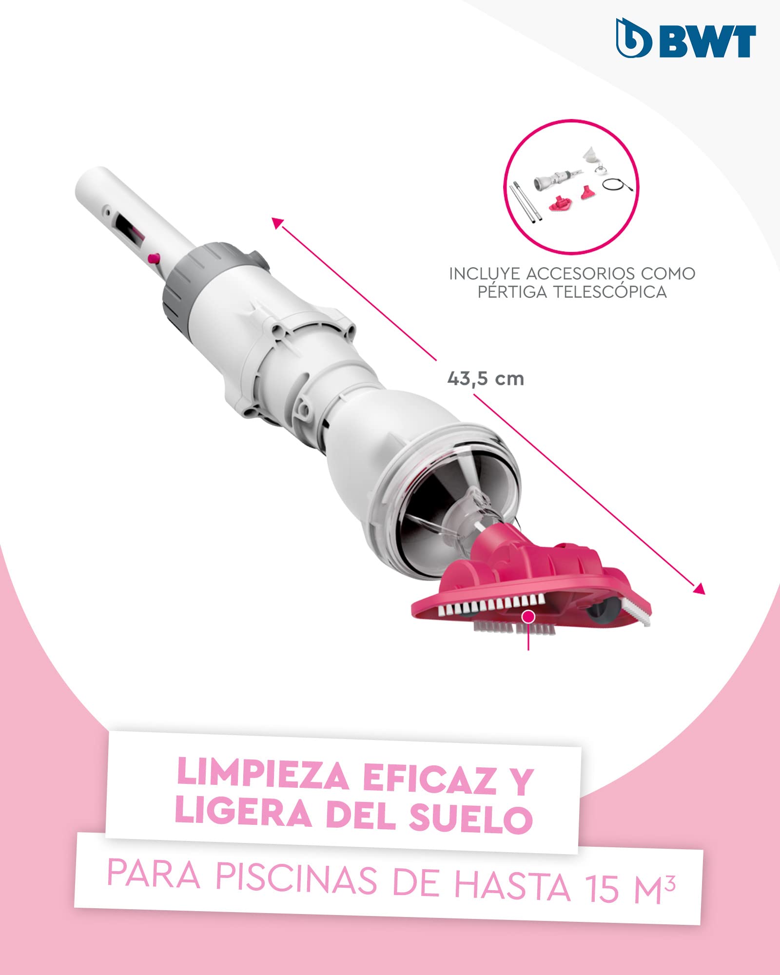 BWT Aspirador de Piscina BC02 | Limpieza eficaz de Piscinas elevadas y Piscinas de hasta 10 m³ | Funcionamiento sin Cable para máxima Libertad de Movimiento | Gran Potencia de succión | Inalámbrico, 30 minutos de duración, 2000 mAh, aspiradora de piscina