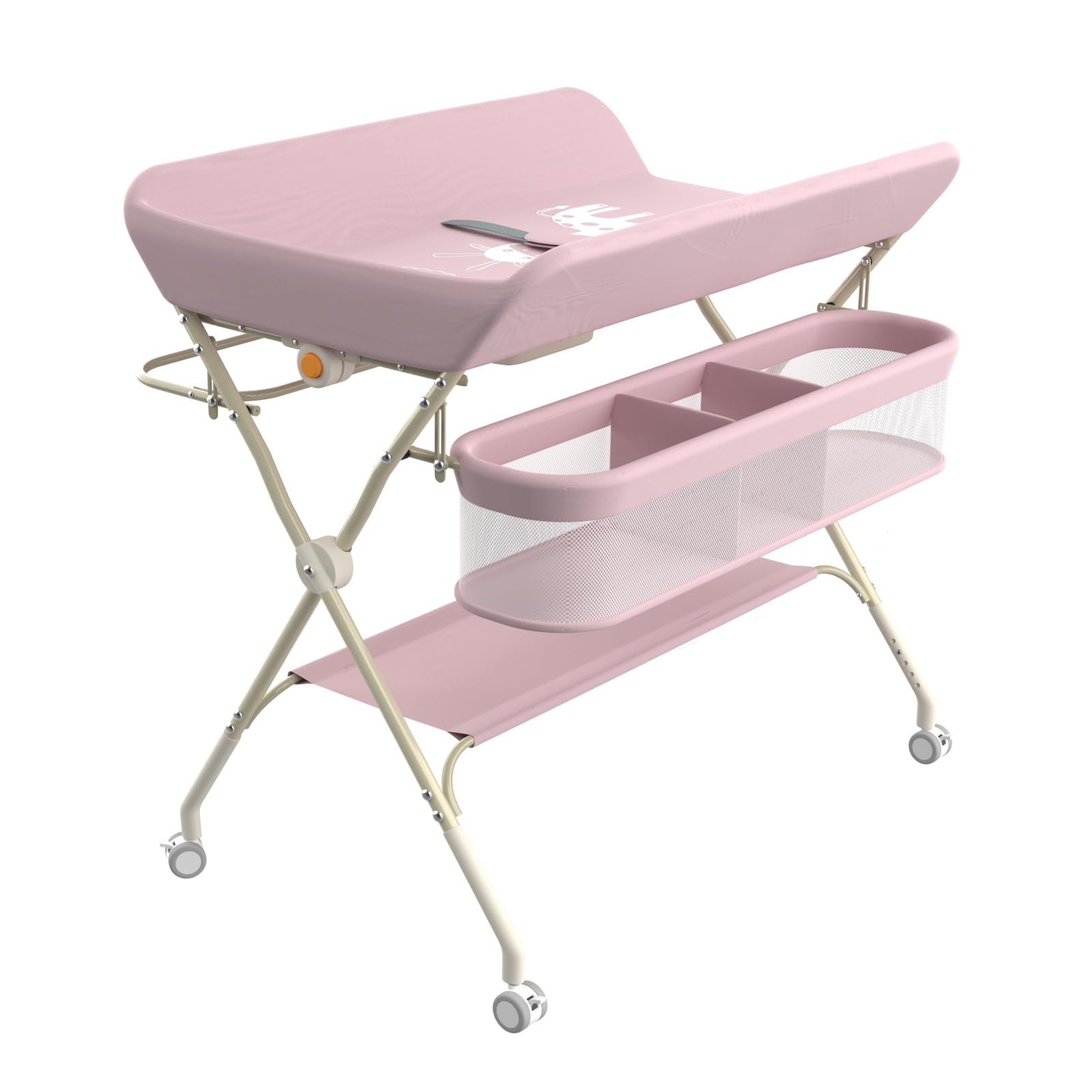 Klappbare Wickelkommode, Baby Wickelkombi, mobiler Wickeltisch mit Wickelauflage und Ablagefächern, platzsparend und stabil,75 x 68 x 83–91 cm (A) (Rosa)