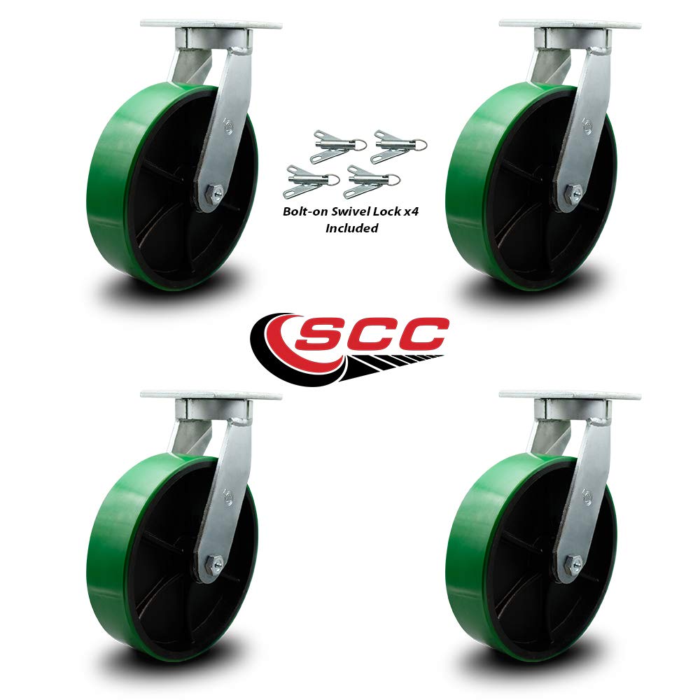 12 Inch Swivel Top Plate Caster Set Extra Heavy Duty Casters with Green Polyurethane on Cast Iron Wheels - Includes 4 Swivel with Bolt on Swivel Locks-Casters Set of 4 Heavy Duty- Service Caster Brand