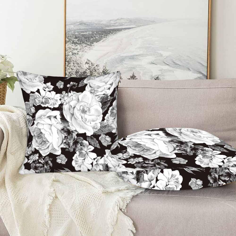 Roses Black White Throw Pillow Covers 18x18 Daisy Floral Bouquet Botanical Plant Nature Leaves Bloom Set of 2 Pillow Cases Square Velvet Outdoor Pillowcases Decor Home Bed Sofa Couch Hotel image 5