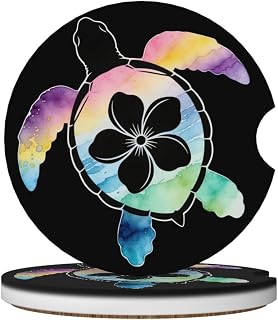 Sea Turtle 2 Pack Car Cup Holder Coasters Ceramic Drink Coasters | Flower Rainbow Waves Absorbent 2.56" Universal Anti Slip Cup Mat with Finger Notch Auto Accessories Interior for Women Men