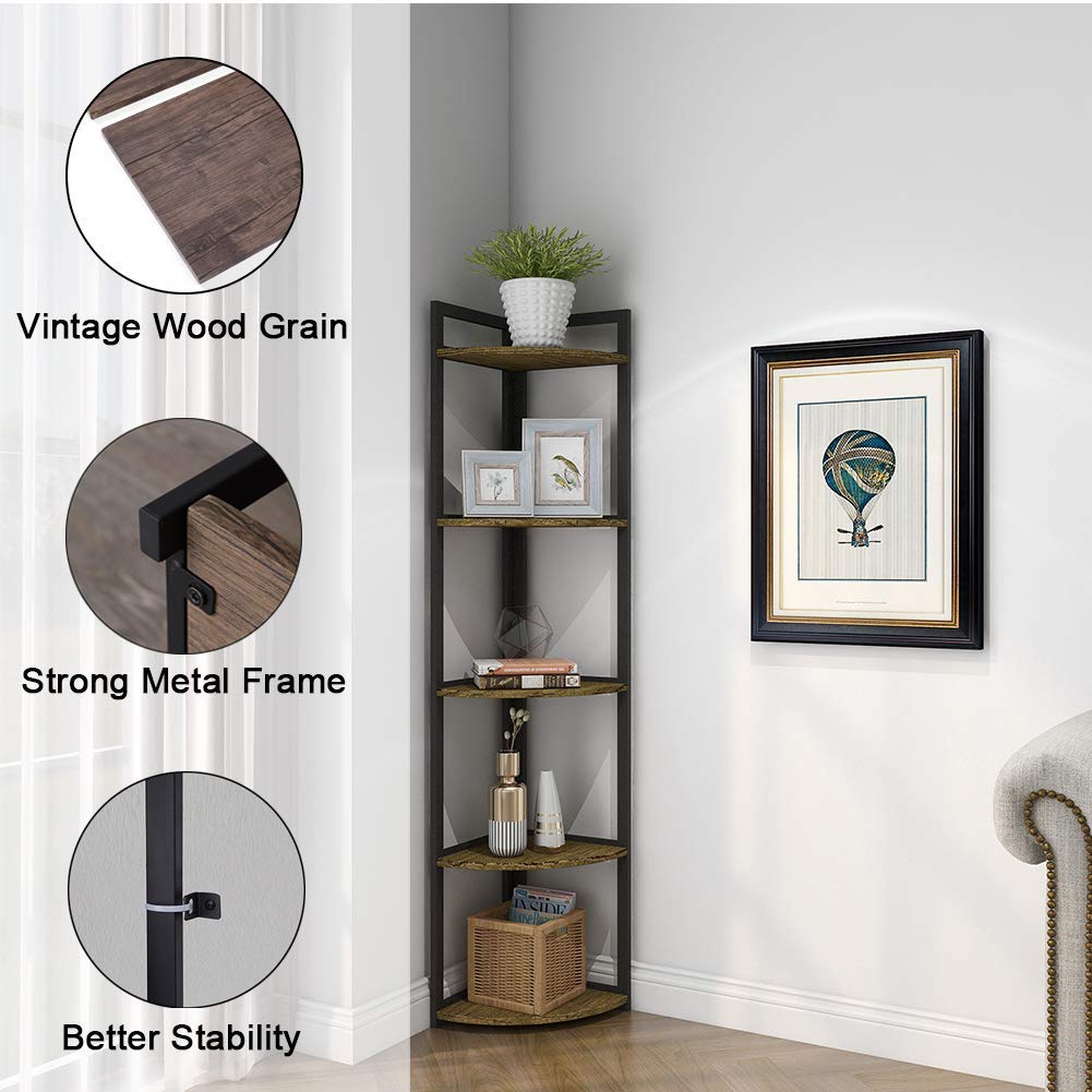 SUPERJARE Corner Shelf, Industrial 5 Tier Wood Wall Corner Bookshelf
