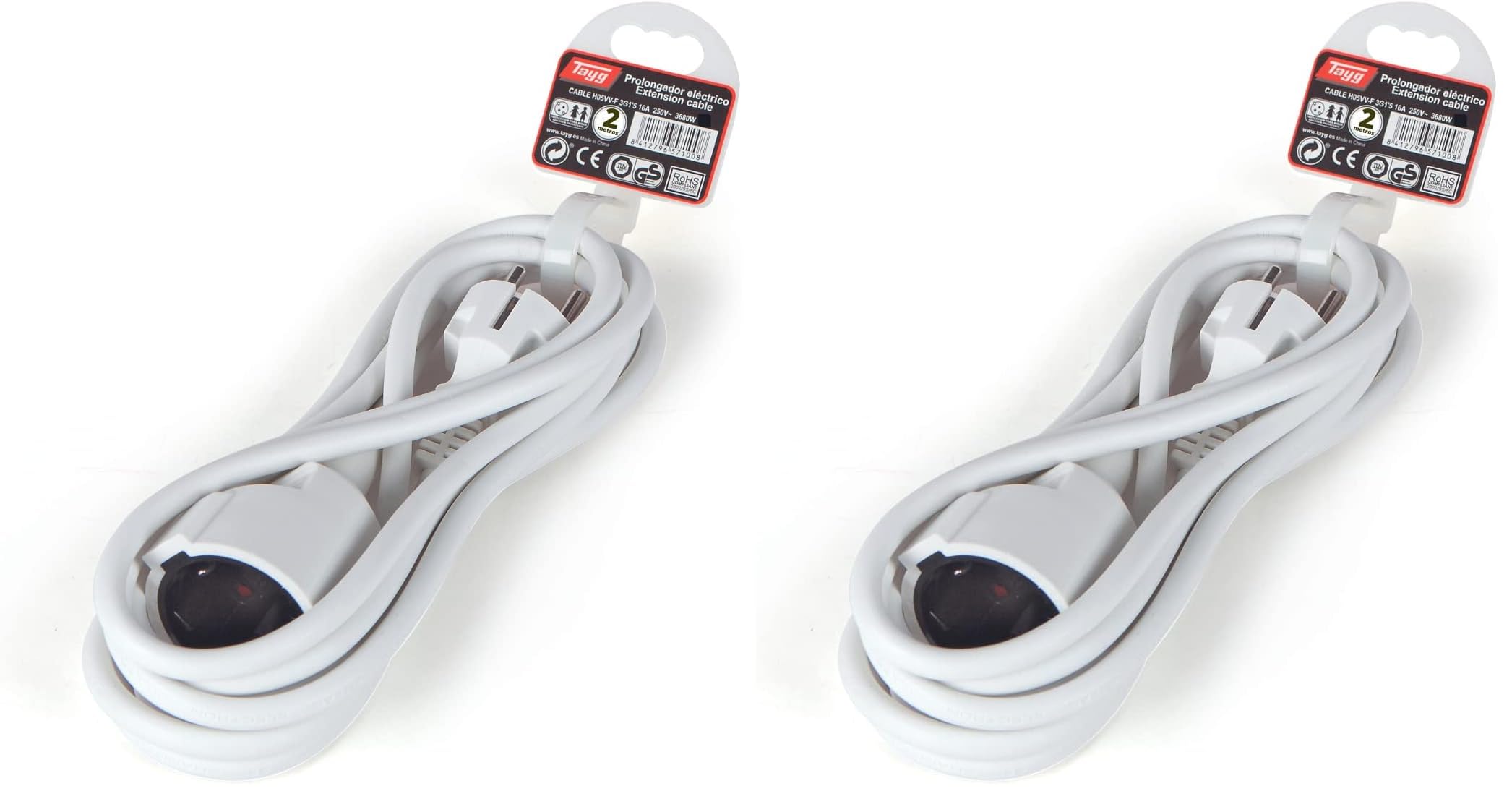 Rallonge électrique 2m Tayg lot de 2 blanc avec câble souple et résistant pour l'intérieur