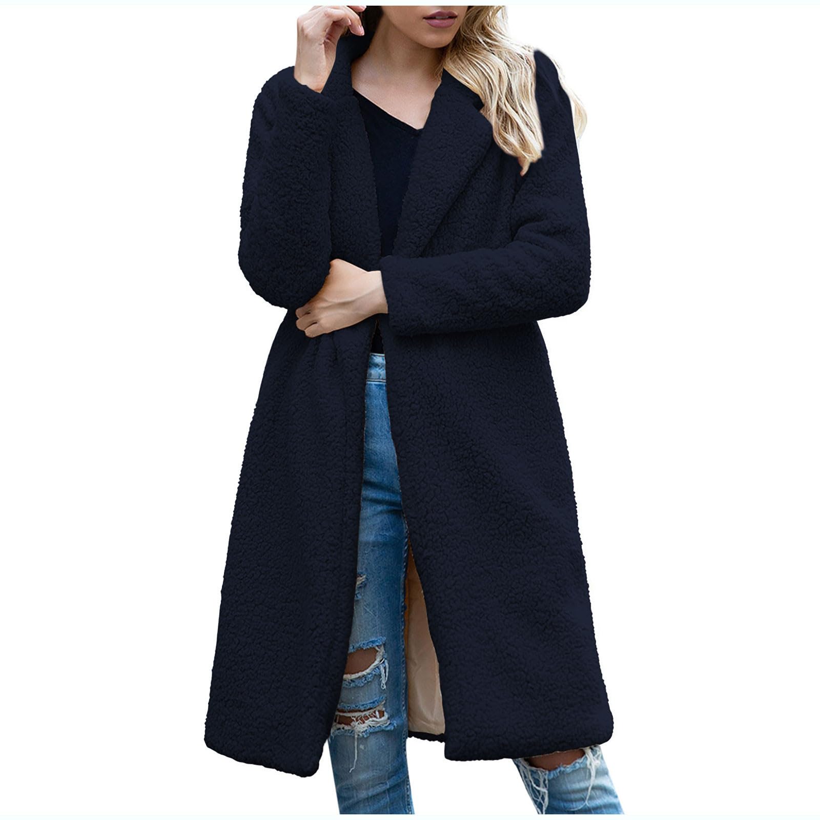 Trench Coat for Women 2024 Fuzzy Fleece Long Coat Notch Lapel Pea Coat Open Front Cardigan Fall Winter