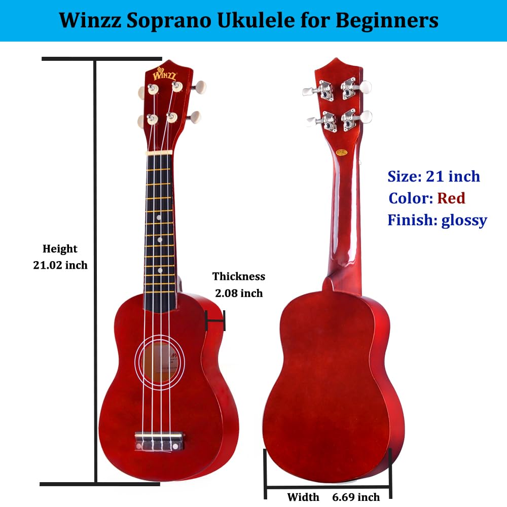 Winzz Ukulélé Soprano Kit de Démarrage pour Débutants avec Étui Souple Accordeur Amovible Cordes Supplémentaires Sangle Plectre Autocollants de Frette Carte d’accords Tissu de Polissage Marron