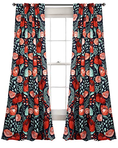 Lush Decor Poppy Garden Curtains Light Filtering Window Set for Living, Dining, Bedroom, 84 in L Panel Pair, Navy