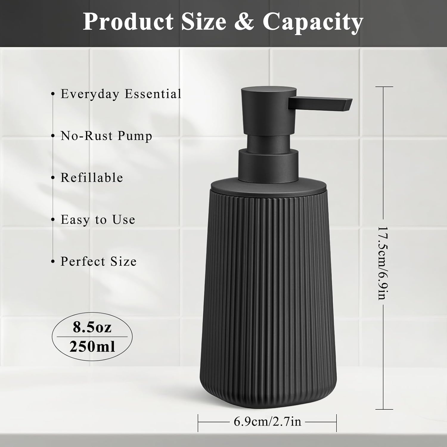 Black 2 Pack Hand Soap Dispensers with No Rust Pump for Bathroom and Kitchen Countertops Refillable Striped Matte Plastic 8.5 oz - Image 3