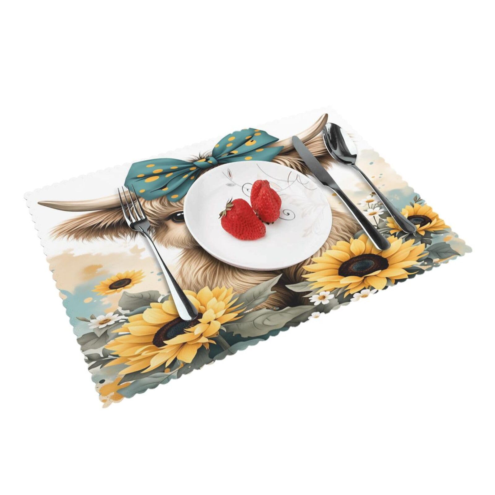 Sunflower Cow Bow Floral Placemats Set of 4 Print Table Mats Place Mats Table Decor for Kitchen Dining 12X18 in