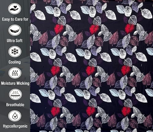 Image of Filymore Flat Single Bed Sheet with 1 Pillow Cover | Black Leaf Design Bedcover | 240 TC Soft Microfiber Single Bedsheet | Breathable, Wrinkle Resistant & Lightweight | 90x60 Inches | Black & Red