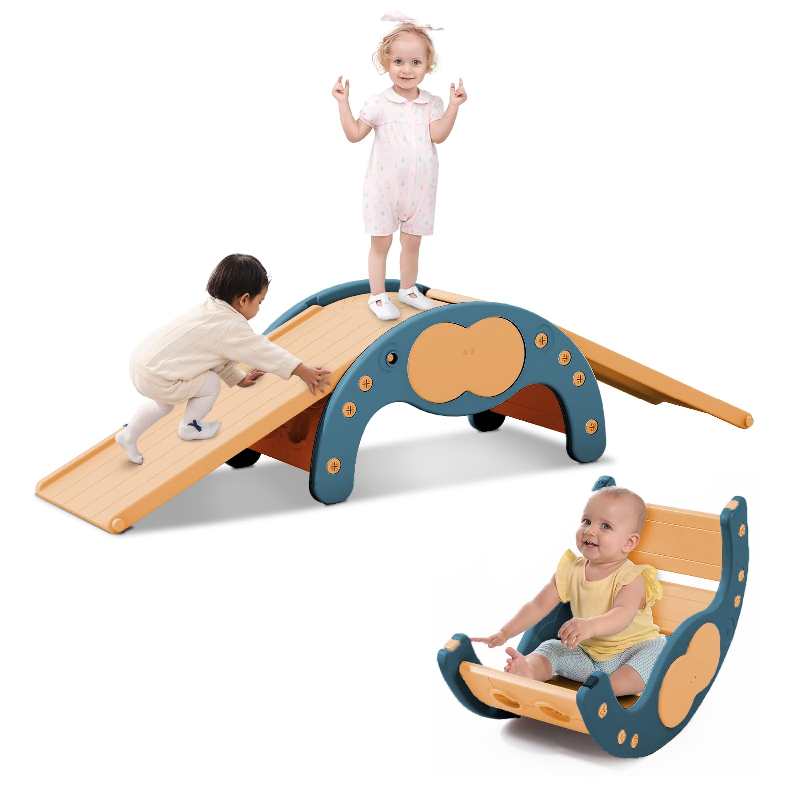 FUKEA 3 in 1 Toddler Climbing Frame with Slide Indoor Montessori Climber Playset and Rocker Toys for Kids Indoor Outdoor Garden Playground（Orange，2 panel） — image 1