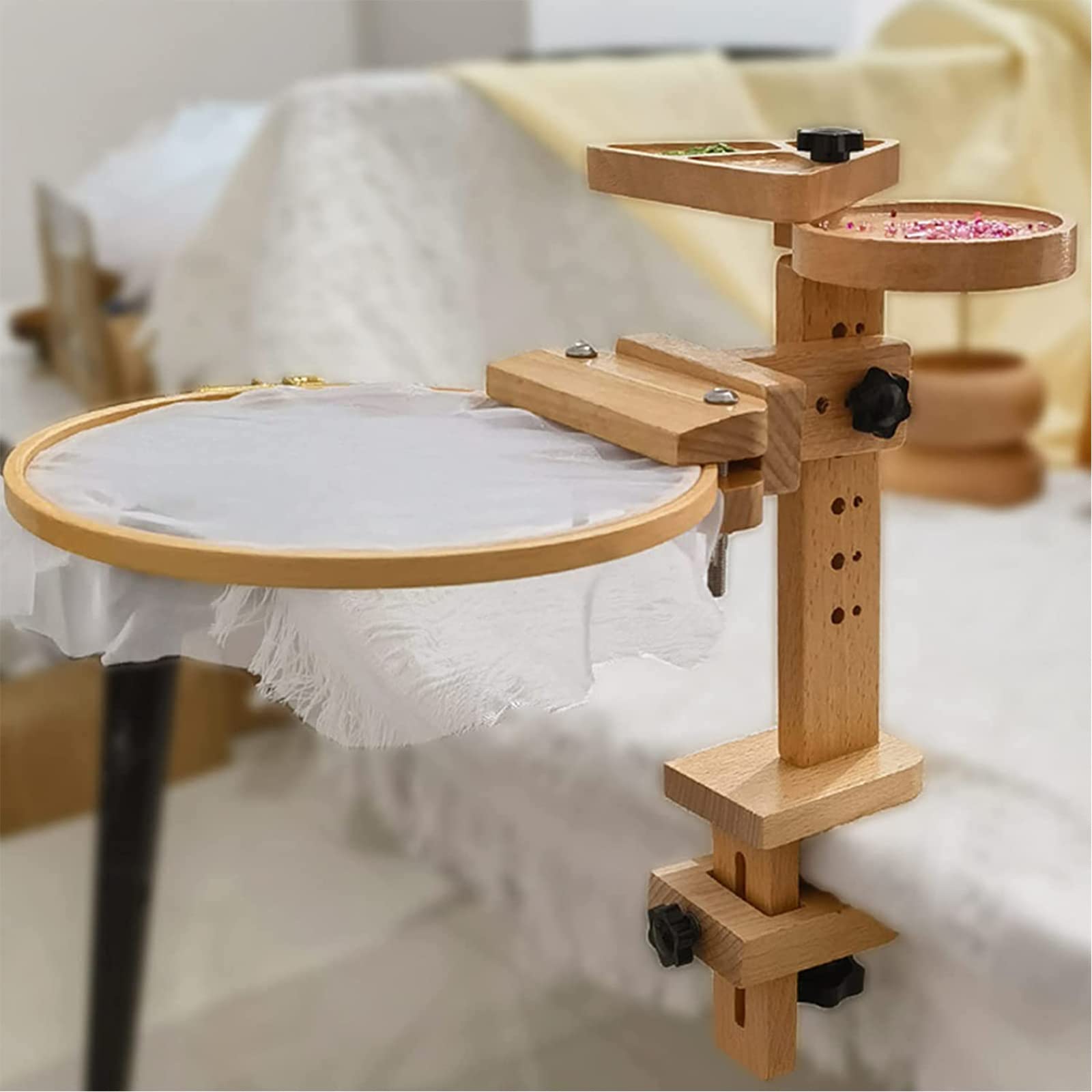 Supporto per Telaio da Ricamo, Supporto per Telaio Regolabile per Punto Croce con Morsetto da Tavolo e Contenitore per Perline, Supporto per Mani libere in Legno di faggio, Accesso