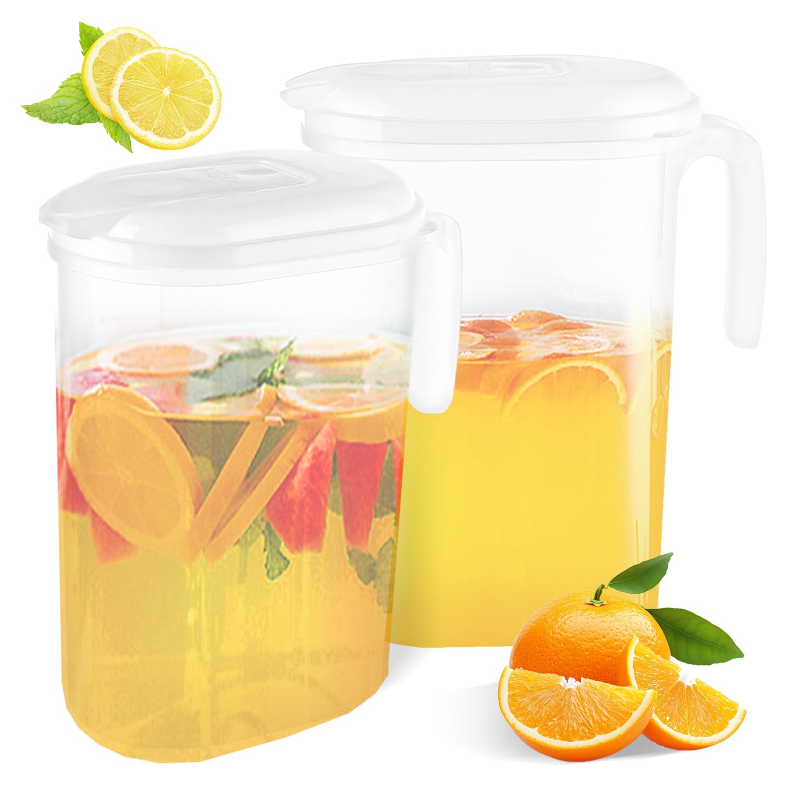 ASelected 2 L Water Jug Space Saving, 20 x 17 x 7 cm Fridge Water Jugs with Lid, Clear Drink Pitcher with Handle, BPA-Free Fridge Water Pitcher for Tea, Boiled Water, Fruit Tea, Juice, Beer, Milk