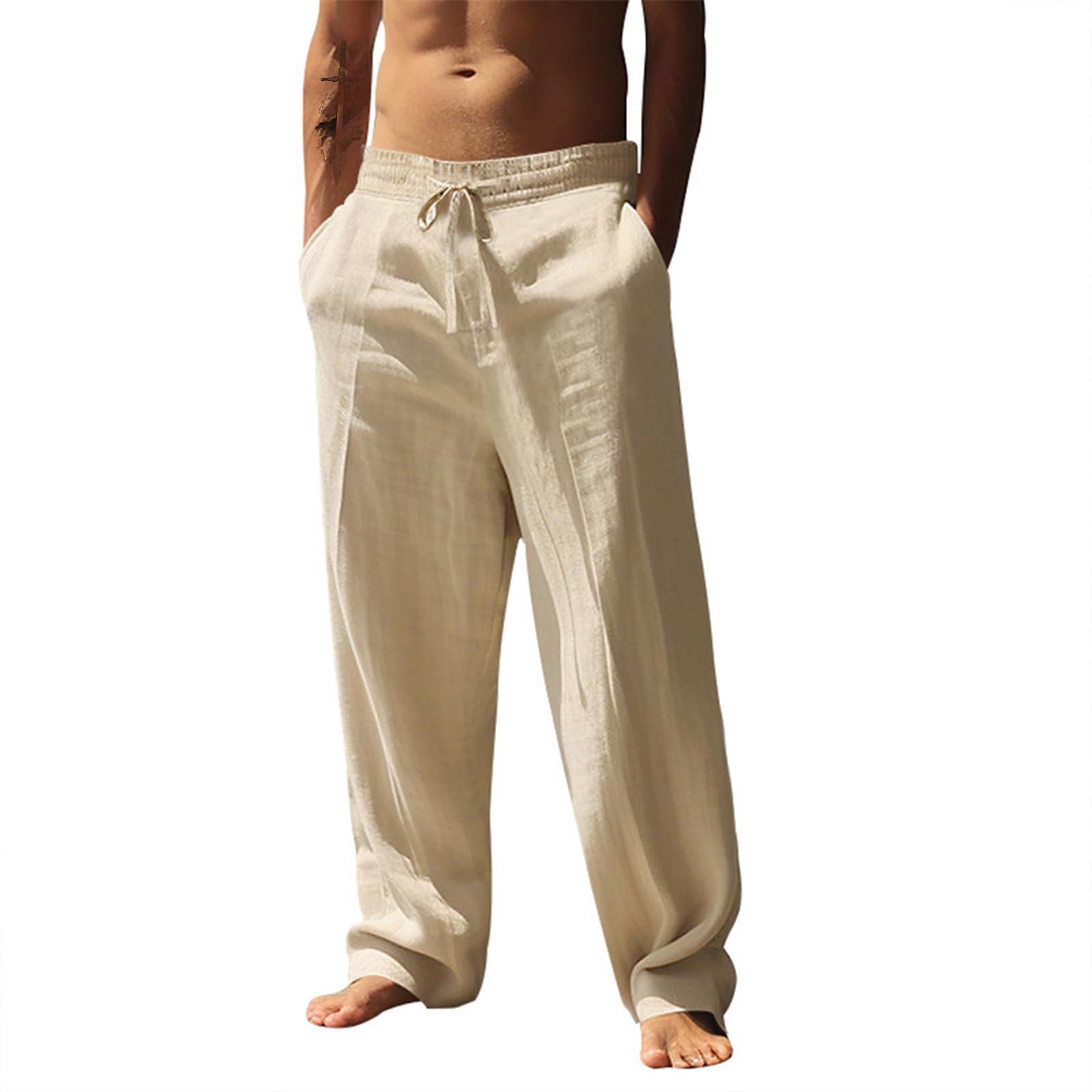 Gym Pants Men Athletic Workout Running Joggers Beach Summer Drawstring Elastic Waist Plain Pant with Pockets
