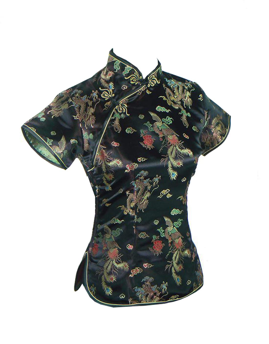 XueXian Women's Dragon Phoenix Satin Brocade Qipao Top Mandarin Collar Chinese Shirt Blouse Tang Suit (8, Black)