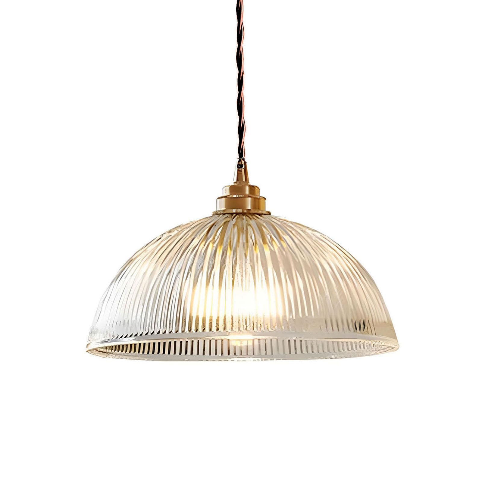 Industrial Vintage Pendant Light with Ribbed Glass Dome Shade,Copper Brass E27 Base, Loft Bar Ceiling Pendant Light Over Ktichen Island and Dining Table Chandelier (25cm)