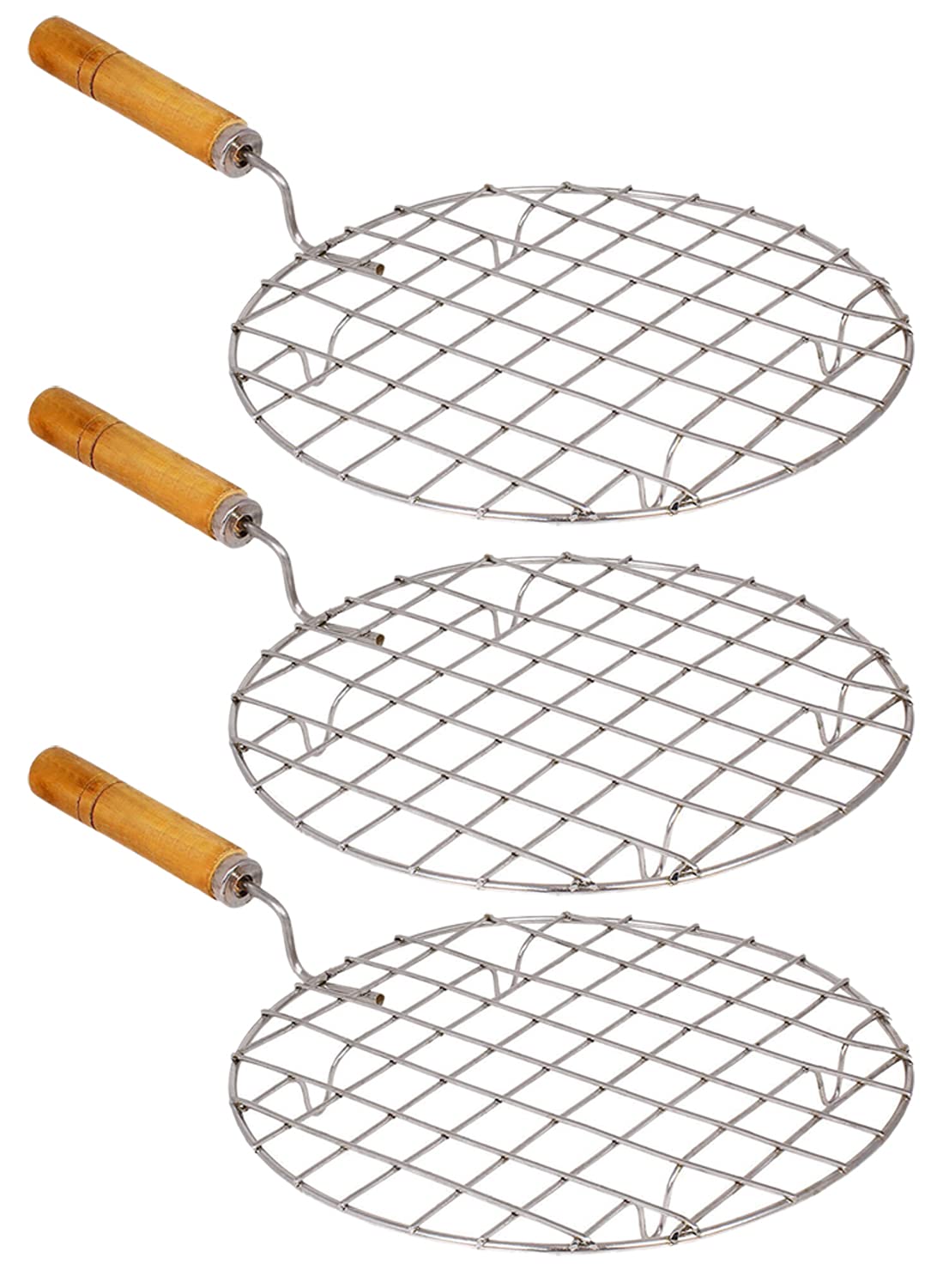 Kuber Industries kitchenware Round Roaster TAndoor Barbeque/Roti/Papad Jali Griller with Wooden Handle-Pack of 3 (Silver)