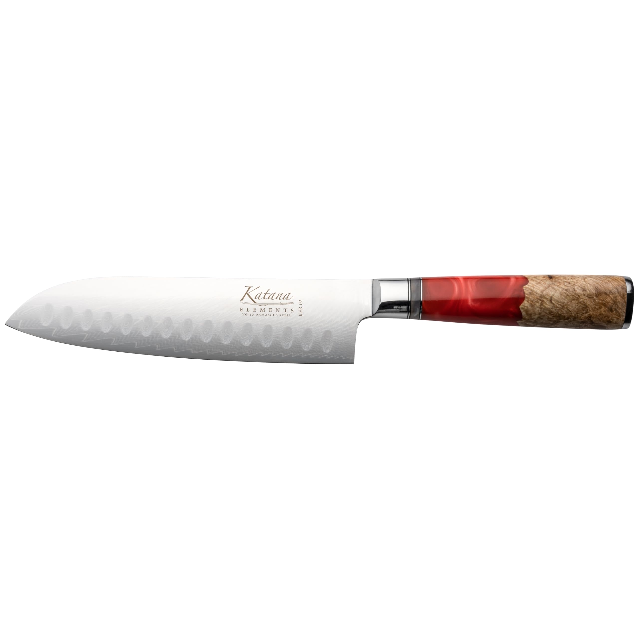 Katana Saya Elements 18cm Santoku Knife, Volcanic Red, Kitchen Knife, Japanese 67-Layer VG-10 Damascus Stainless Steel, Natural Olivewood and Resin Handle, Japanese Style