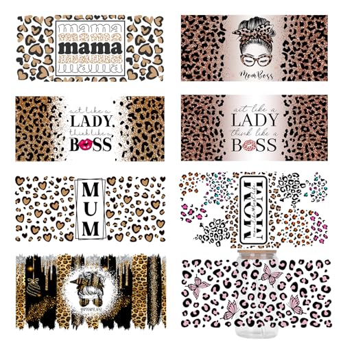 UV DTF Glass Cup Wrap Transfer-8 Sheets Mom Leopard Print Theme UV DTF Stickers for 16oz Glass Decals Waterproof Floral Personalized Rub On Transfers for Crafts and Furniture DIY Holiday Mama Gift