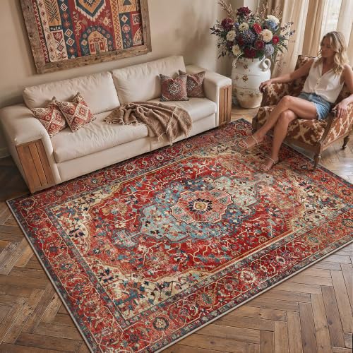 Image of PureCozy Vintage Rugs Living Room Large Washable 120x170cm Non Slip Red Area Rug Boho Carpet for Kids Bedroom Bedside Nursery Playroom Lounge Office Traditional Carpets Low Pile Mat