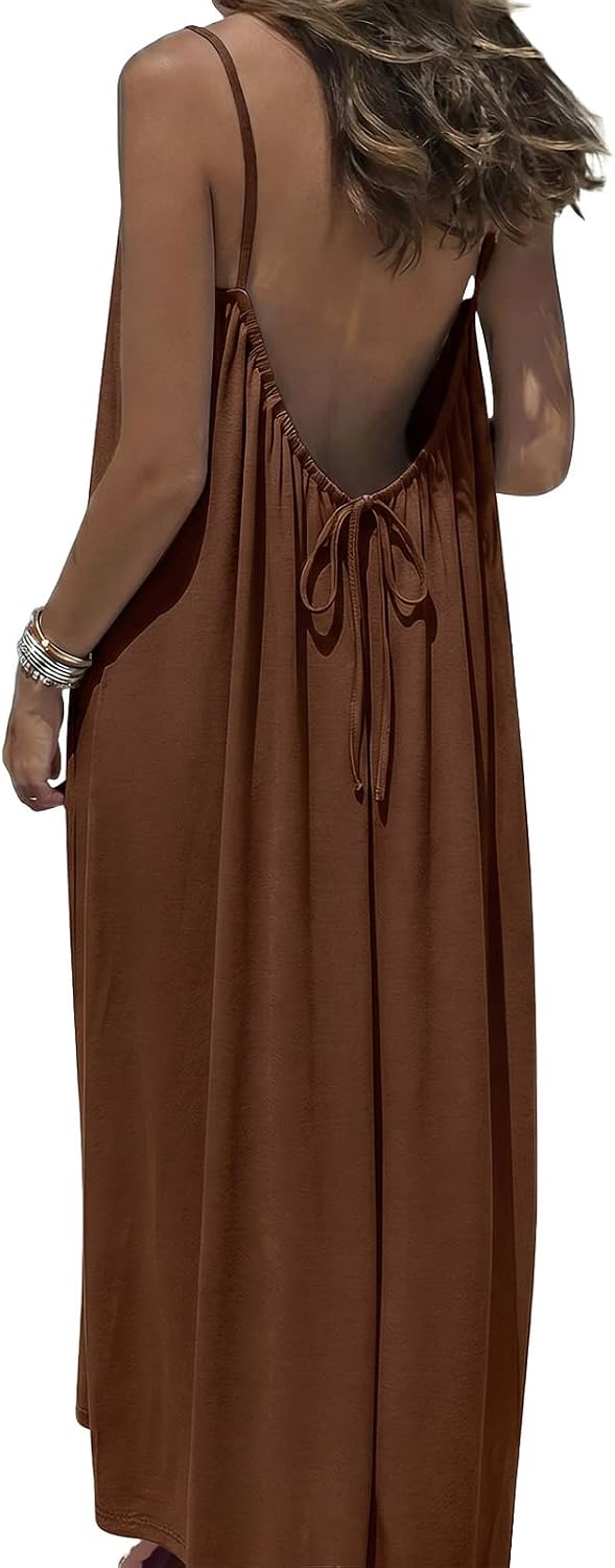 Women's Backless Cami Maxi Dress Spaghetti Strap Beach Dress Loose Vacation Sundress