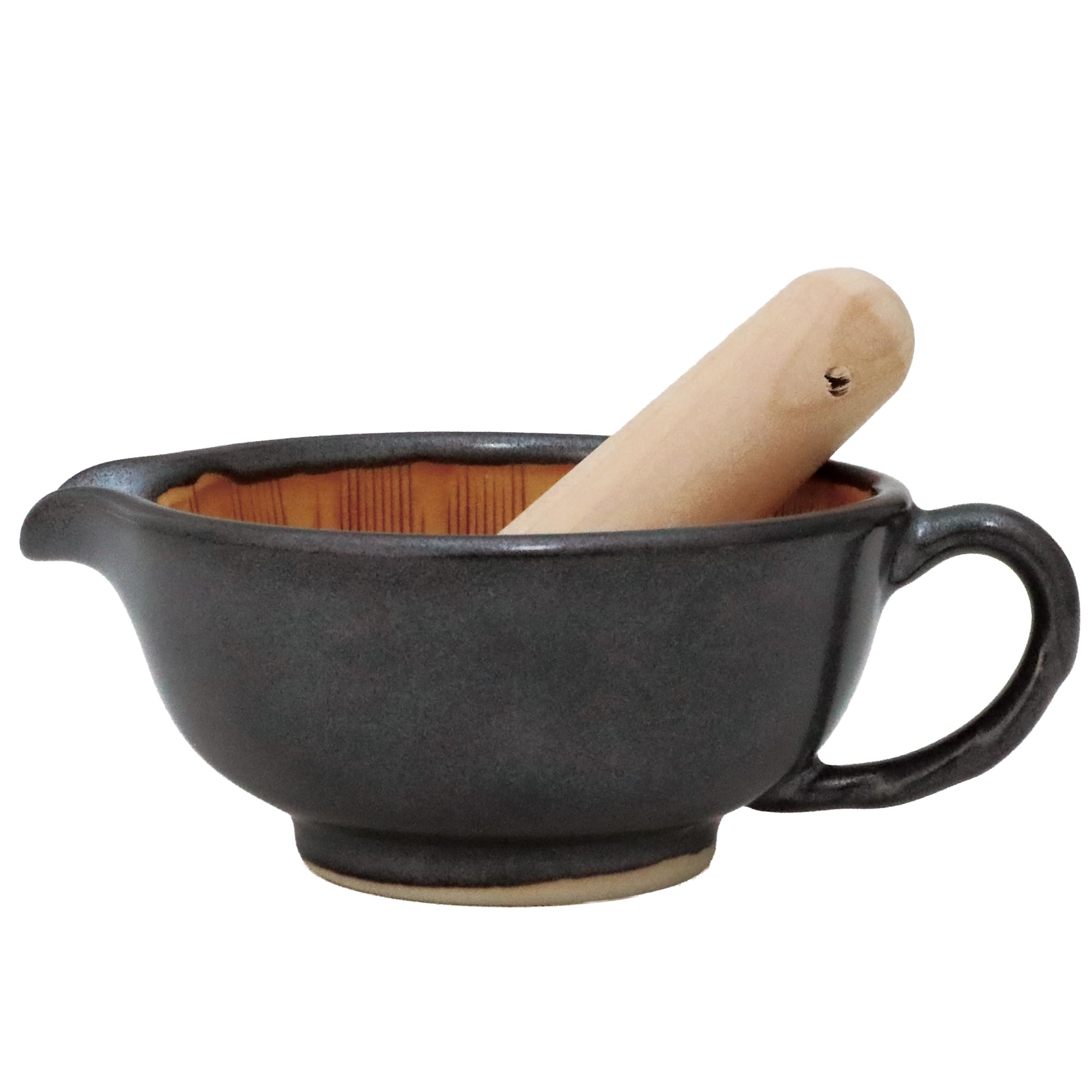 SASUGA Juego de mortero y mortero japonés Suribachi, cuenco de molienda tradicional de cerámica con mortero de madera para salsas, sésamo, especias y hierbas (negro)