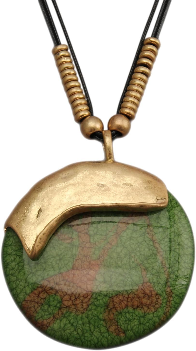 GelConnie Leather Necklace for Women Large Pendant Long Brown Necklace Circle Leather Choker Vintage Sweater Necklace Gold Chunky Boho Necklaces for Women