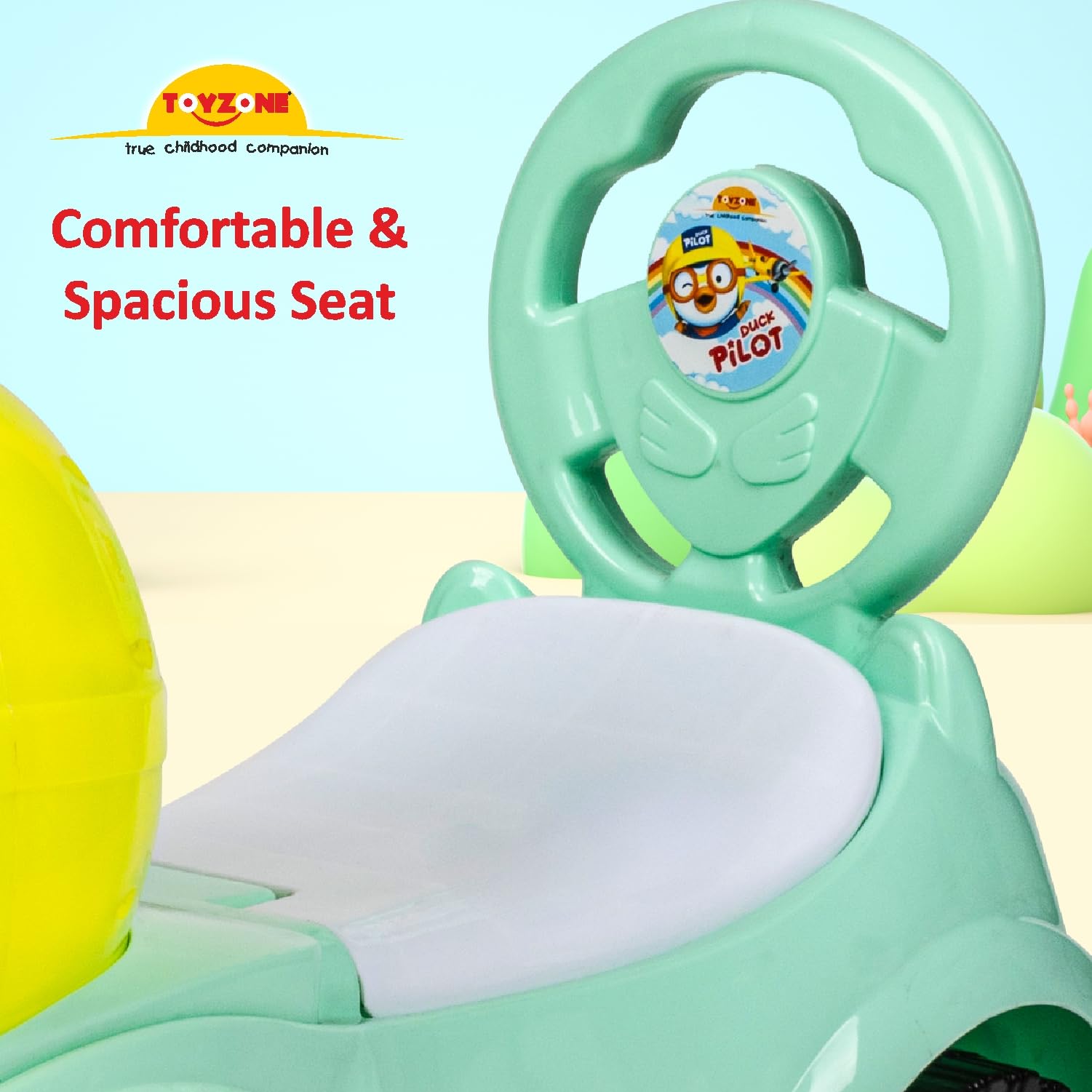 Toy Zone Toyzone Duck Pilot Baby Ride on Car for Kids, Toddlers Push Ride Baby Kids Car with Backrest, Push Ride on Toy with Music, Under Seat Storage, 2 to 5 Years (Green) - Image 8 thumbnail