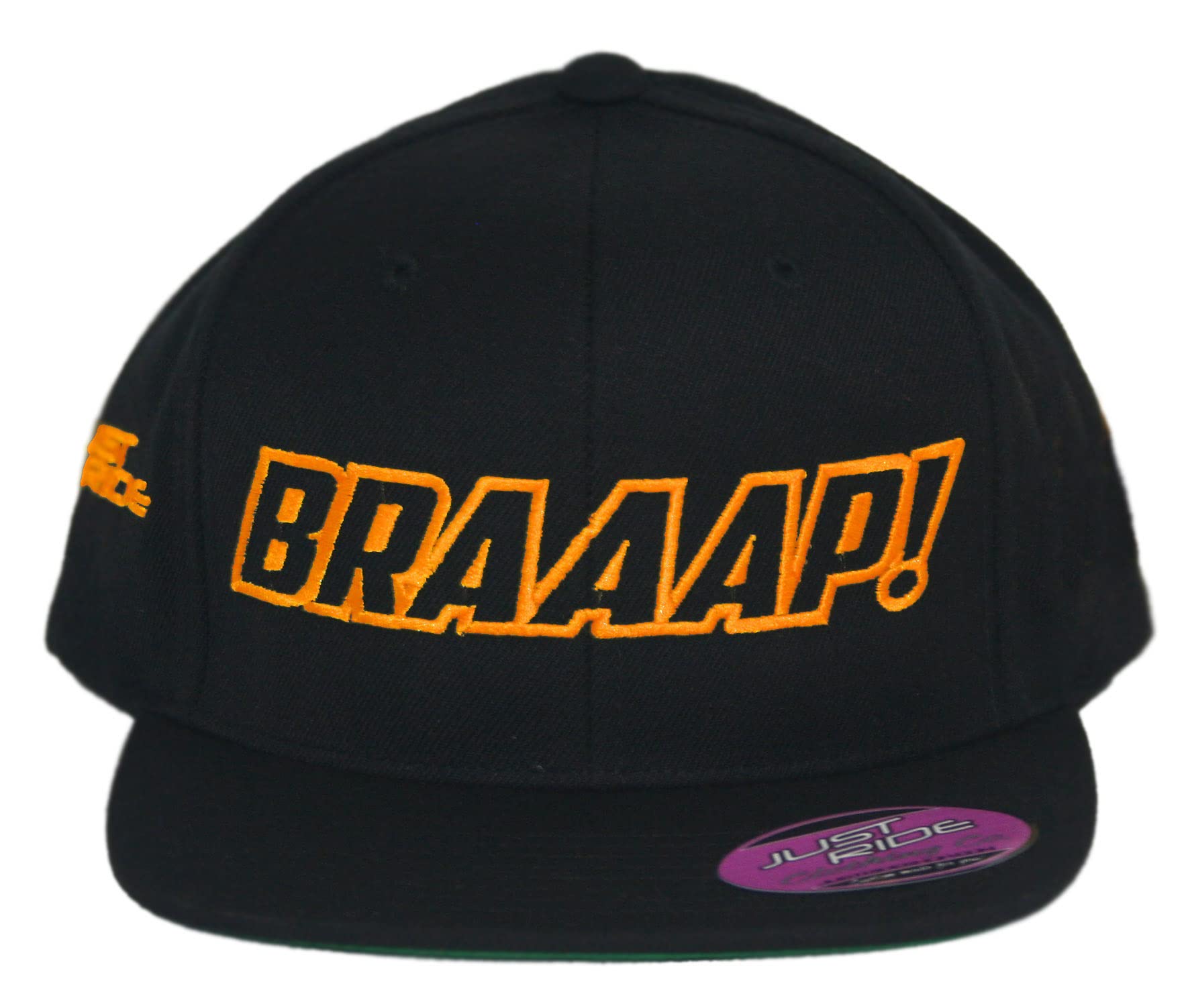 JUST RIDE Braaap Hat Flat Bill Snapback Motocross Moto MX (Black-NEON Orange)