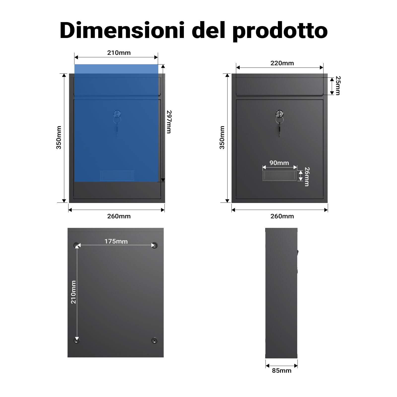 Wiltec Cassetta postale singola V10, verniciatura a polvere antracite, con vetrino portanome