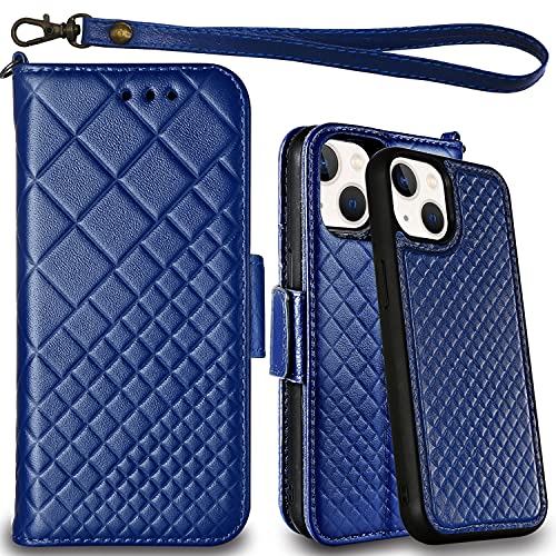 Mefon Genuine Leather Folio Wallet For Apple Iphone 13 Mini 5G, Wireless Charging Compatible, Rfid Card Protection, Luxury Flip Phone Case Cover, Magnetic Detachable, Tempered Glass Included (Blue) #TOP4