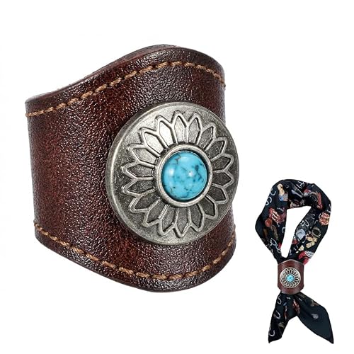 ULODJFN Western Leather Scarf Rings for Women Men Bandanas - Handmade Sunflower Scarf Buckle Bandana Ring with Gemstone - Cowboy Neckerchief Scarf Clip Slide for Men Women Silk Scarves (Boho Style)