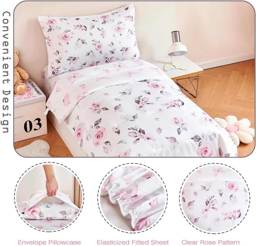 PERFEMET Floral Toddler Bedding 4-Piece Pink Flower Toddler Girls Comforter with Sheet Set Reversible Butterfly Kid Bed Sets-Comforter, Fitted Sheet,Flat Sheet,Pillowcase - Image 5