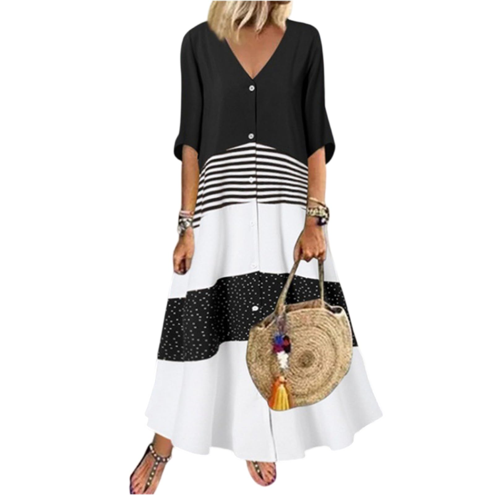 Tunika Kleid Damen Sommer Lang Sommerkleid Damen Elegant A Linie Maxikleider V Ausschnitt Mit Knopfleiste Boho Kleider Frauen Halbarm Blumen Sommerkleider Leicht Und Luftig Strandkleid Locker