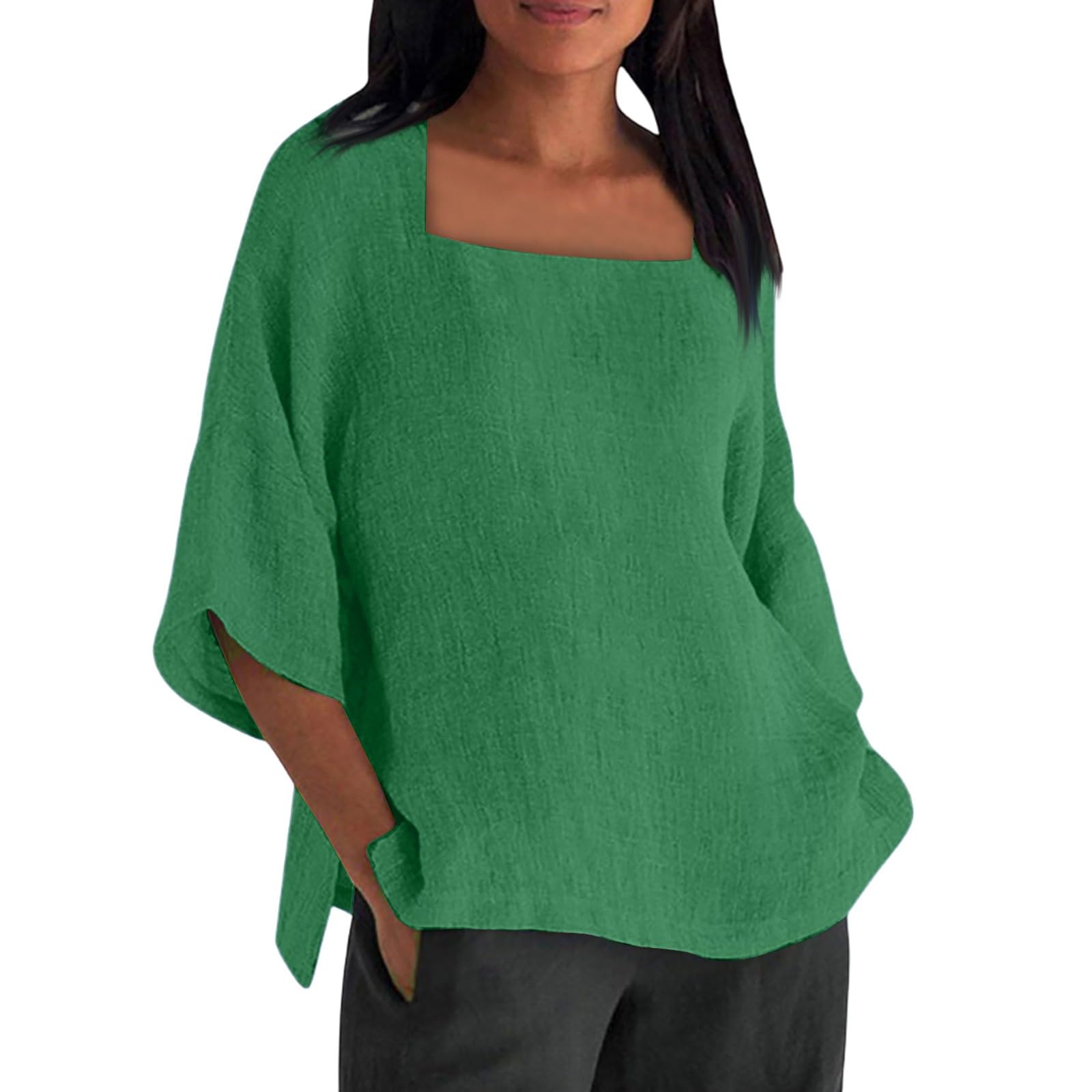 UOFOCO Cotton Lien Shirts for Women Squaer Neck 3/4 Sleeve Solid Color Tops 2025 Summer Casual Loose Beach Vacation Tees