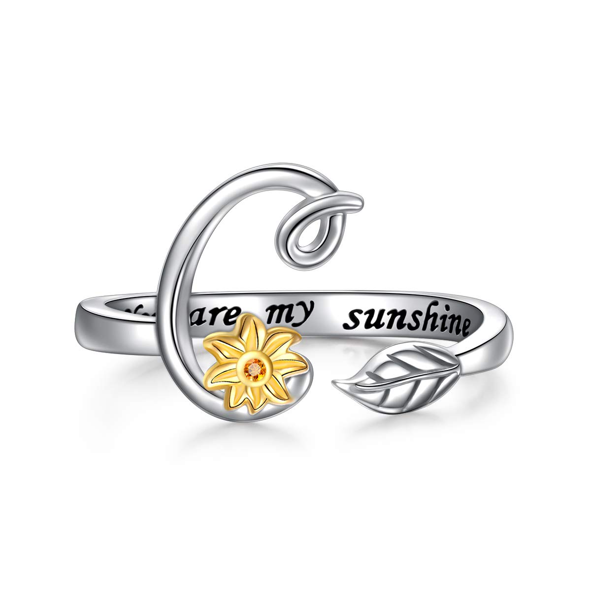 DAOCHONGSterling Silver Gold Tone Sunflower Initial 26 Letter Script Name Alphabet A to Z Resizable Ring for Size 5-9