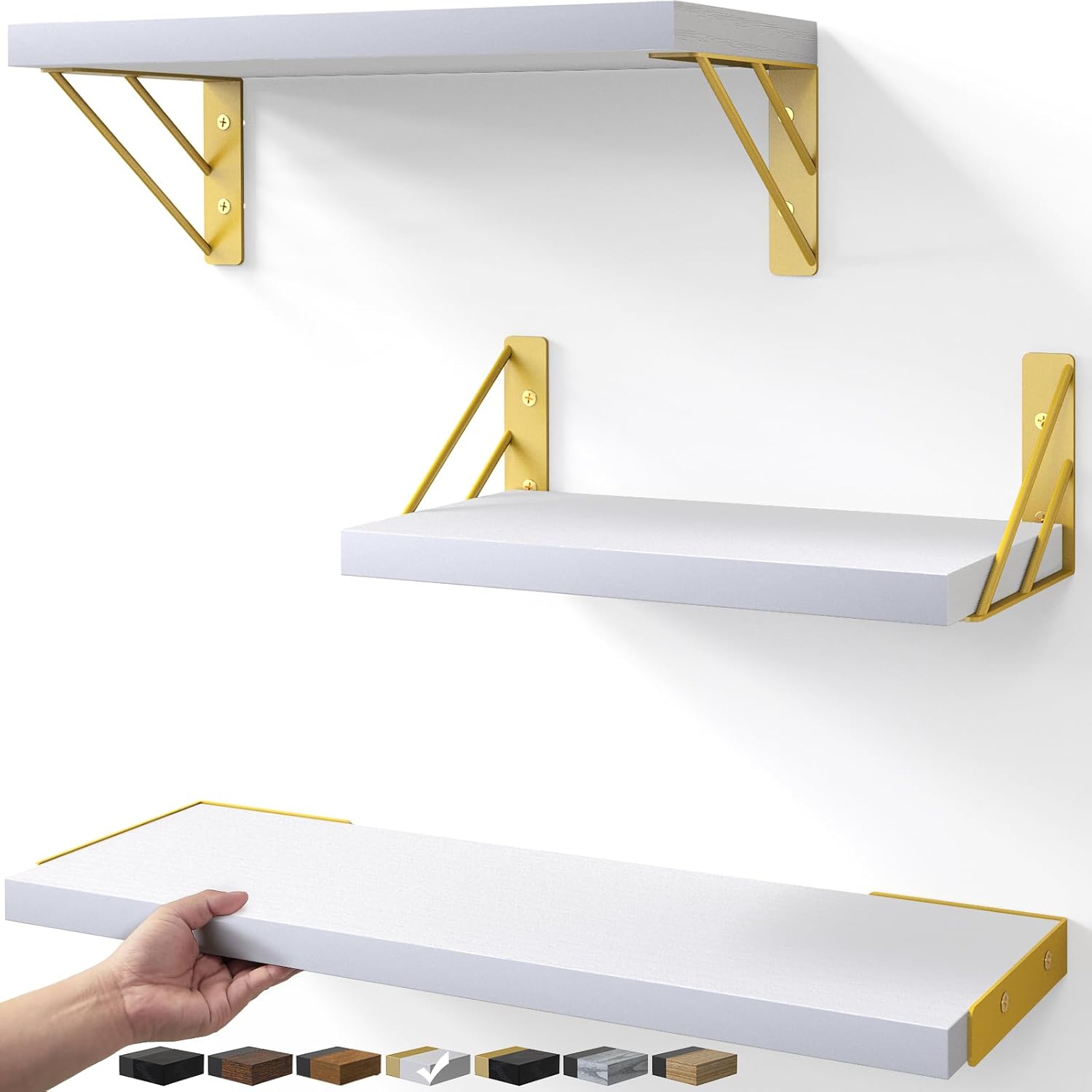 BAYKA Wall Shelves for Bedroom Decor, Floating Wall Shelves for Living Room Kitchen Storage, Wall Mounted Rustic Wood Shelves for Kids Books,Corner Shelves for Bathroom(White and Gold?Set of 3) White Board & Gold Brackets 3-Piece Set
