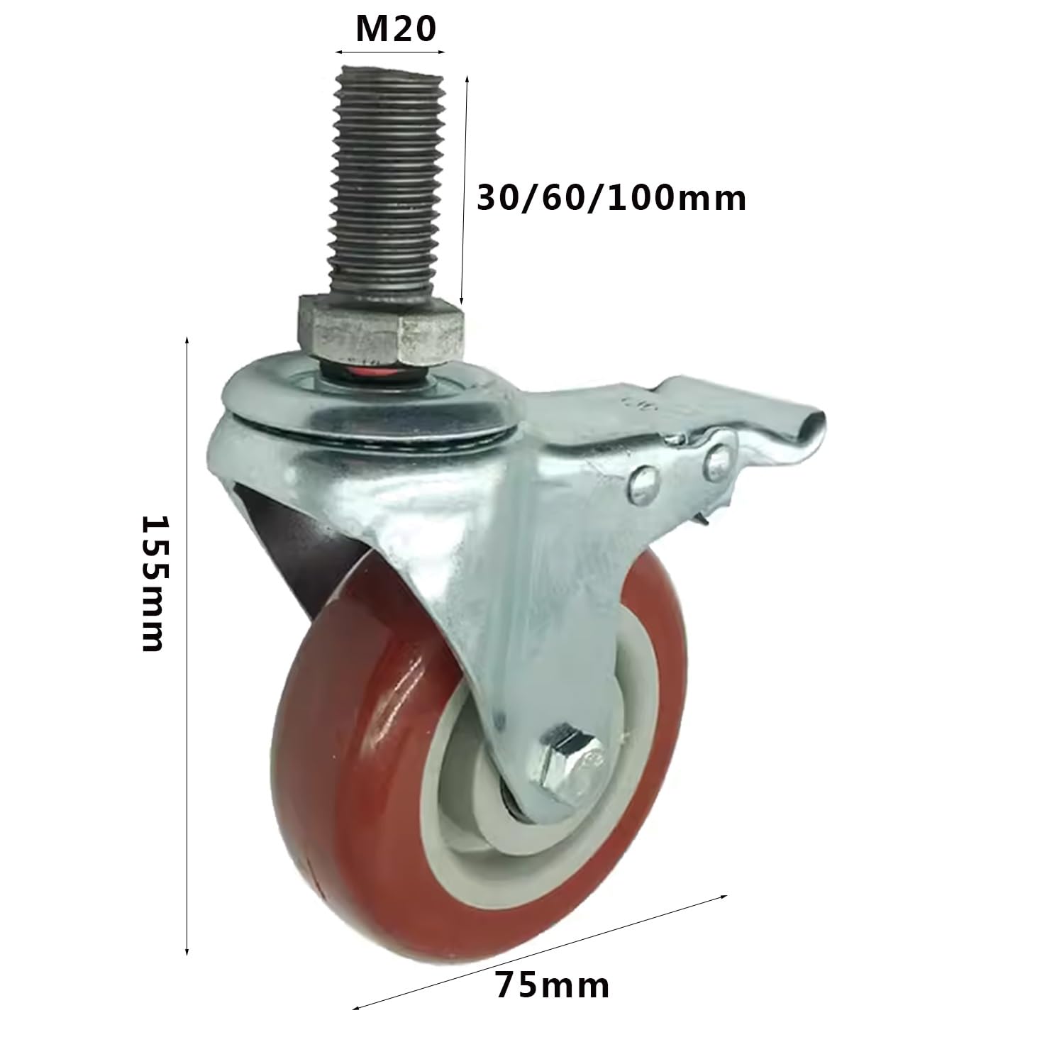 NURCIX 75mm Ruote Girevoli Pesanti con Perno Filettato M20, AntiGraffio PU Ruote per Mobili, Rotelle Pivotanti per Mobiletti, Ruote da Trasporto con Freni, Set da 4 (Size : M20*100)
