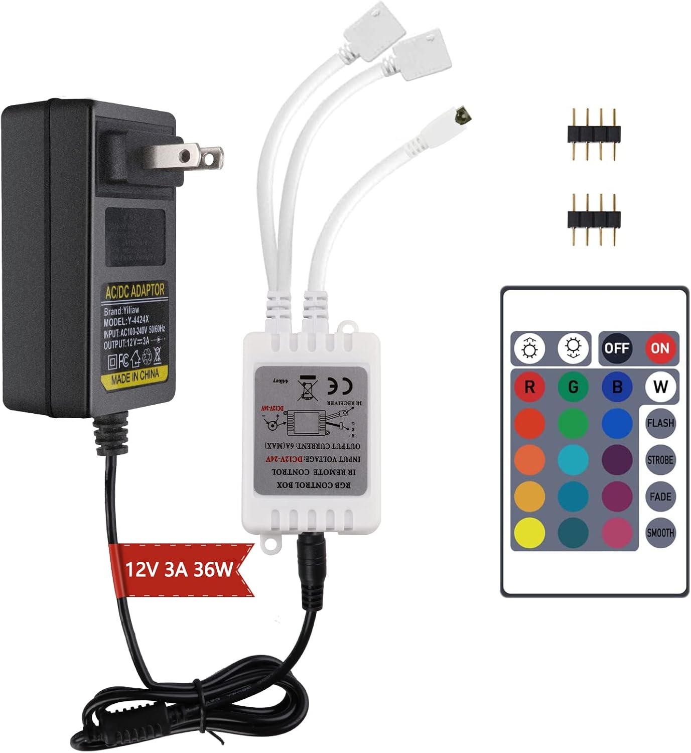 Yiliaw 24 Keys Wireless IR Remote Controller Kit - Includes Wireless Rectifier Control Box and DC 12V 3A Power Supply Adapter - Replacement Control for SMD 5050 3528 2835 RGB LED Strip Lights