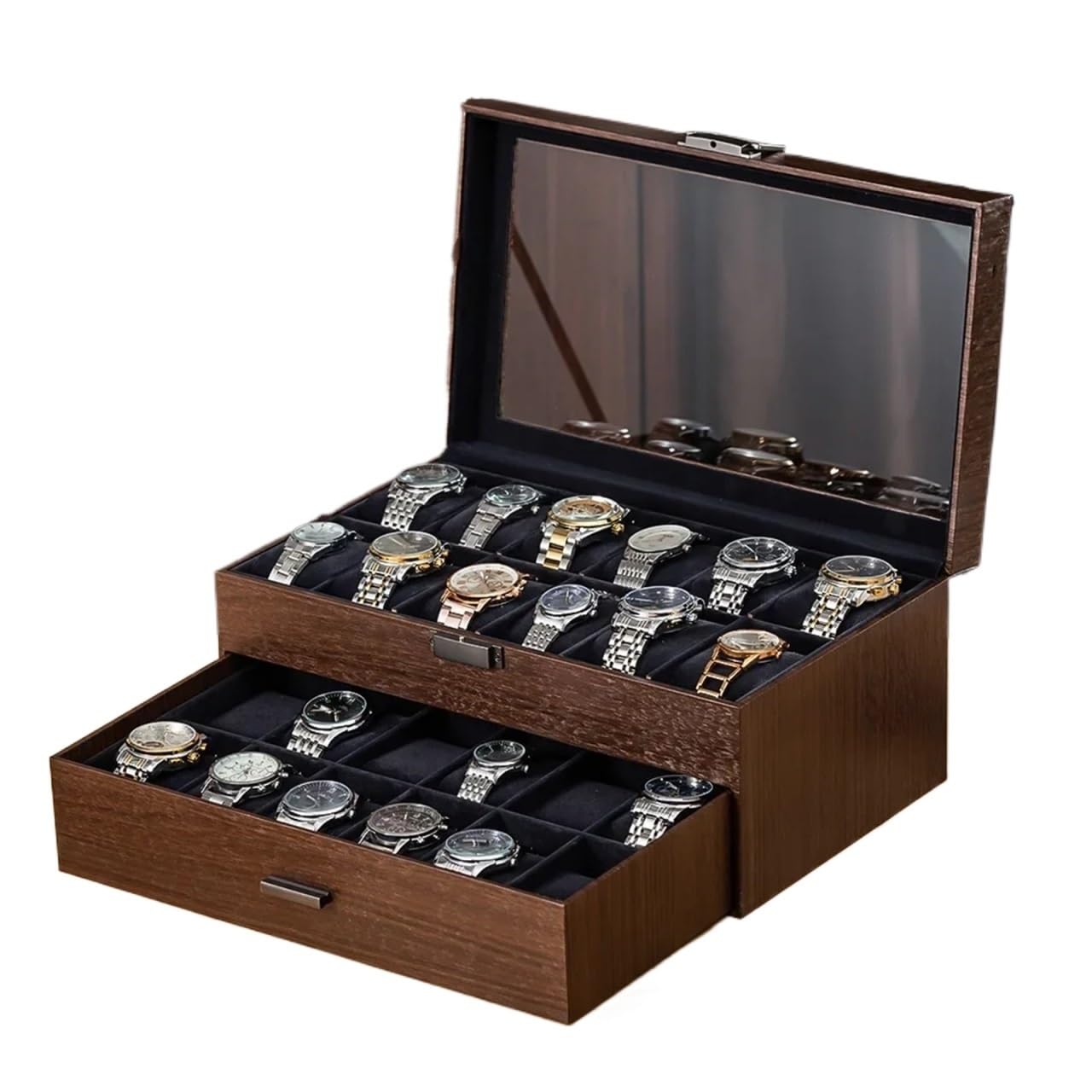 SHENJMAI Watch Box Walnut Wood Grain Multifunctional Storage Box Organizer Case for Watches Jewelry Sunglasses Accessories